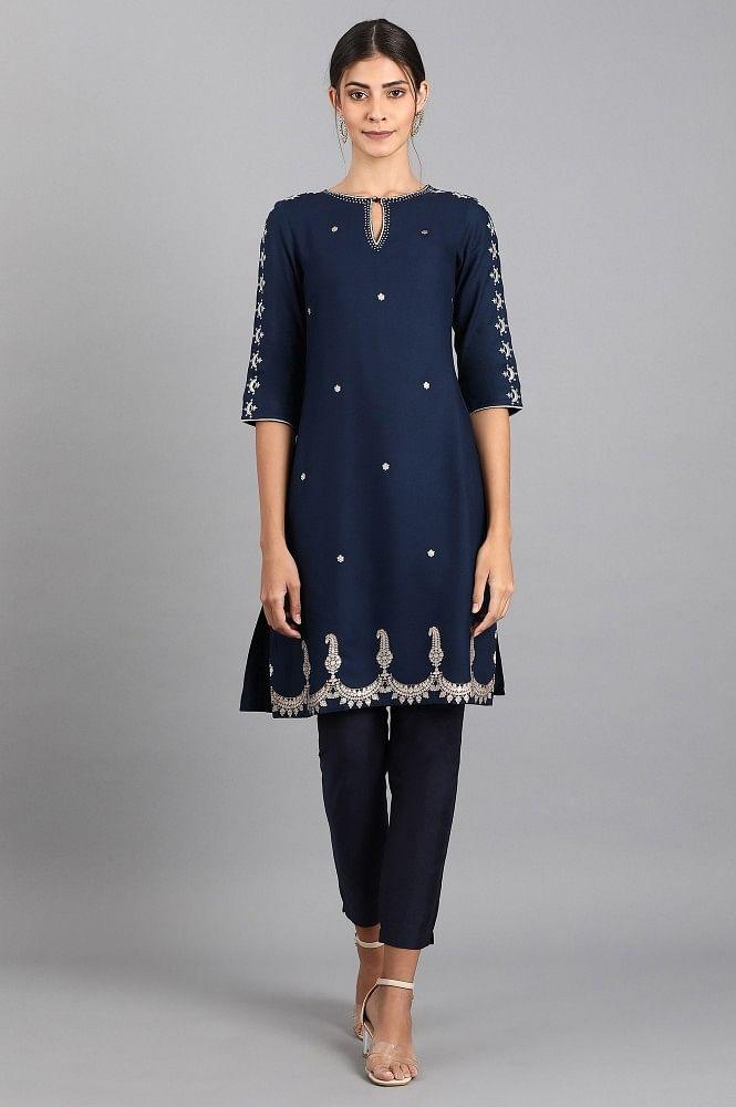 Blue Round Neck Printed kurta - wforwoman