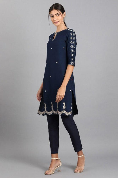 Blue Round Neck Printed kurta - wforwoman