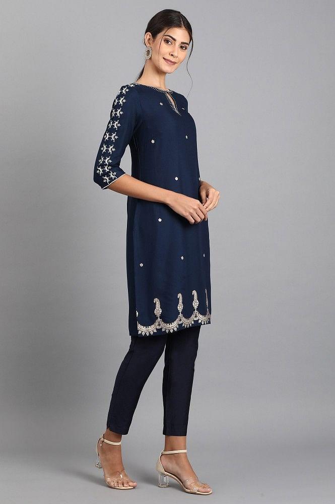 Blue Round Neck Printed kurta - wforwoman