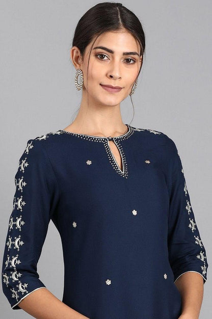 Blue Round Neck Printed kurta - wforwoman