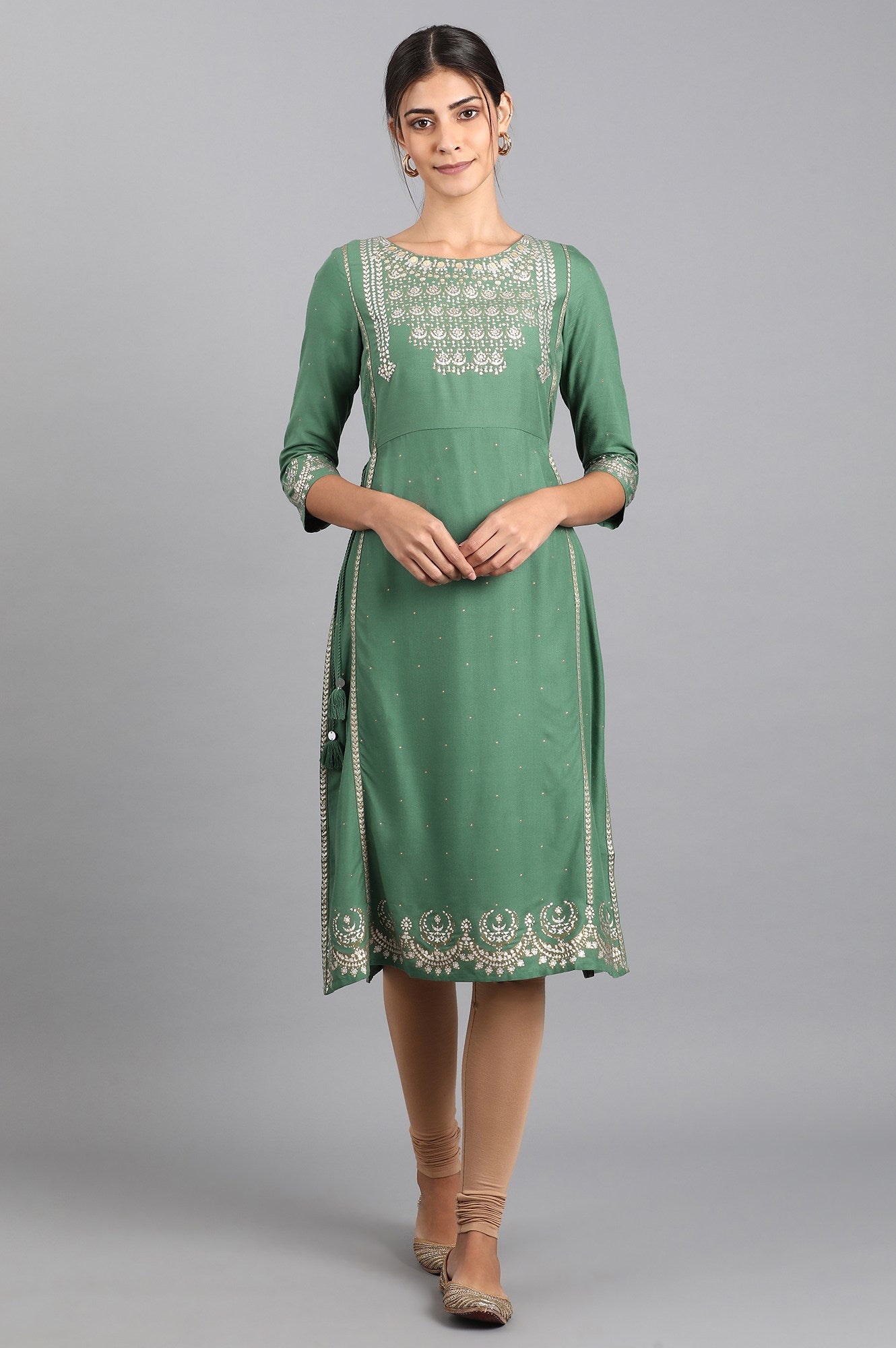 Green Round Neck Printed kurta