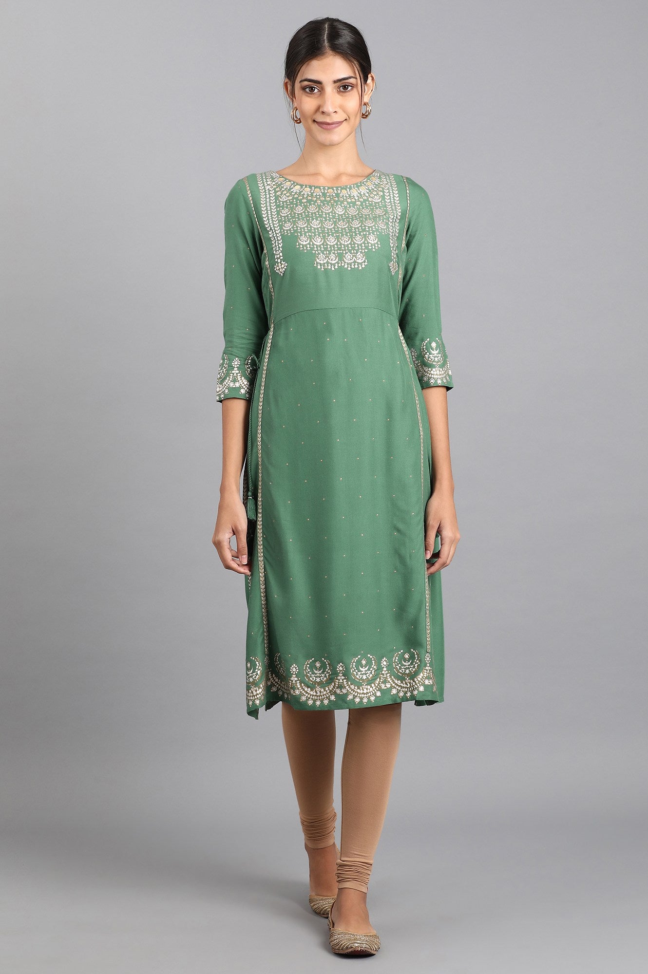 Green Round Neck Printed kurta