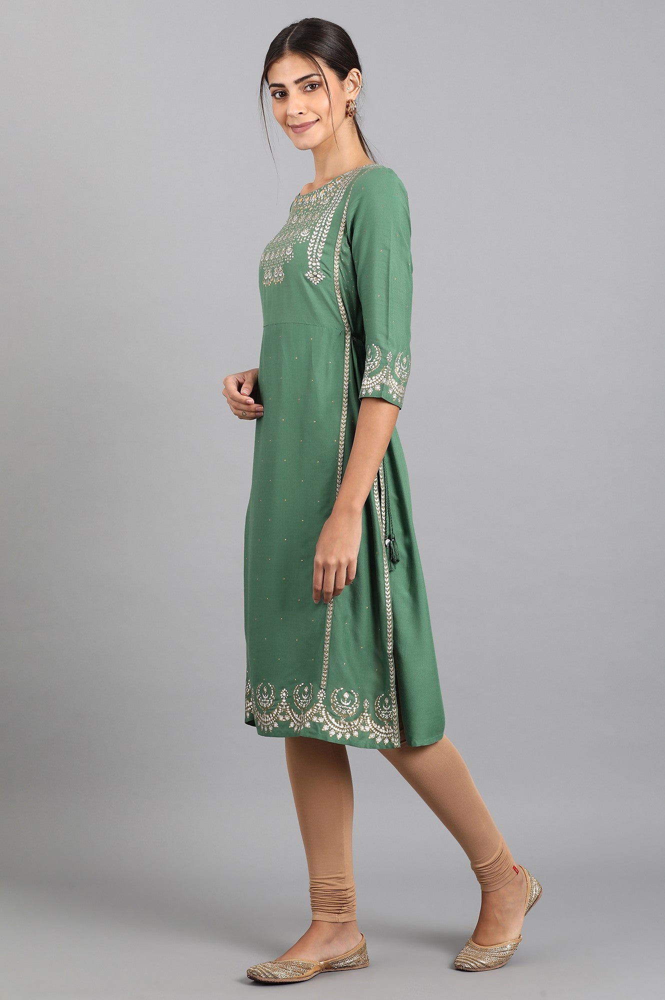 Green Round Neck Printed kurta