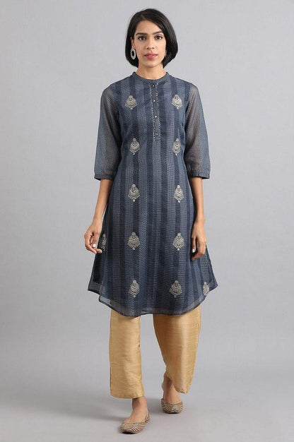 Blue Mandarin Neck Printed kurta - wforwoman