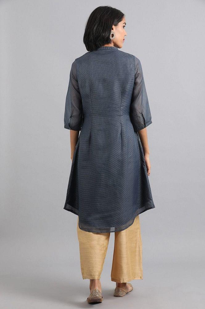 Blue Mandarin Neck Printed kurta - wforwoman