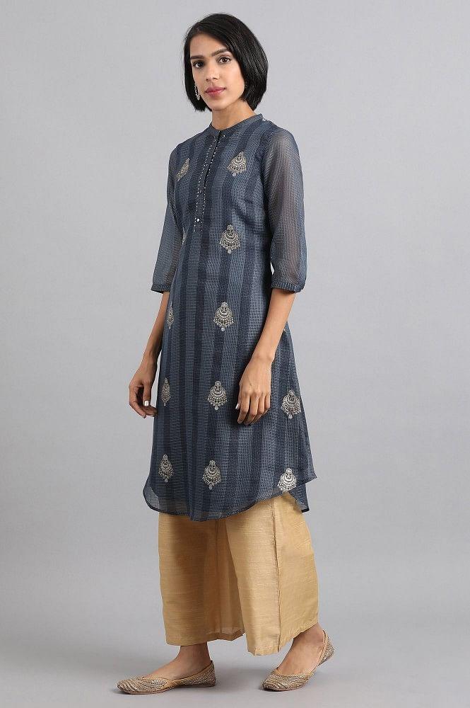 Blue Mandarin Neck Printed kurta - wforwoman