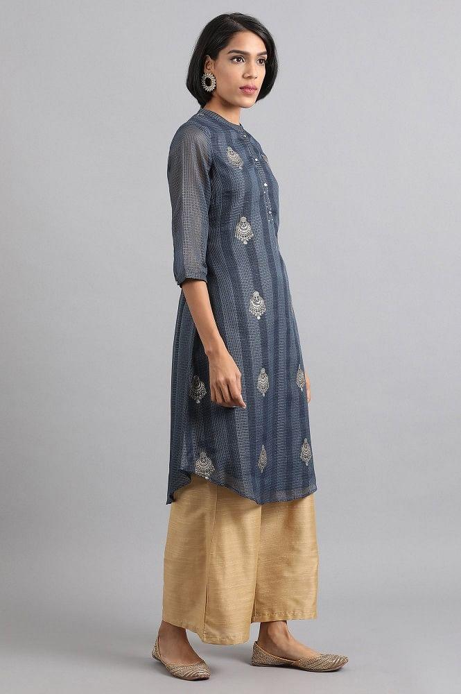 Blue Mandarin Neck Printed kurta - wforwoman