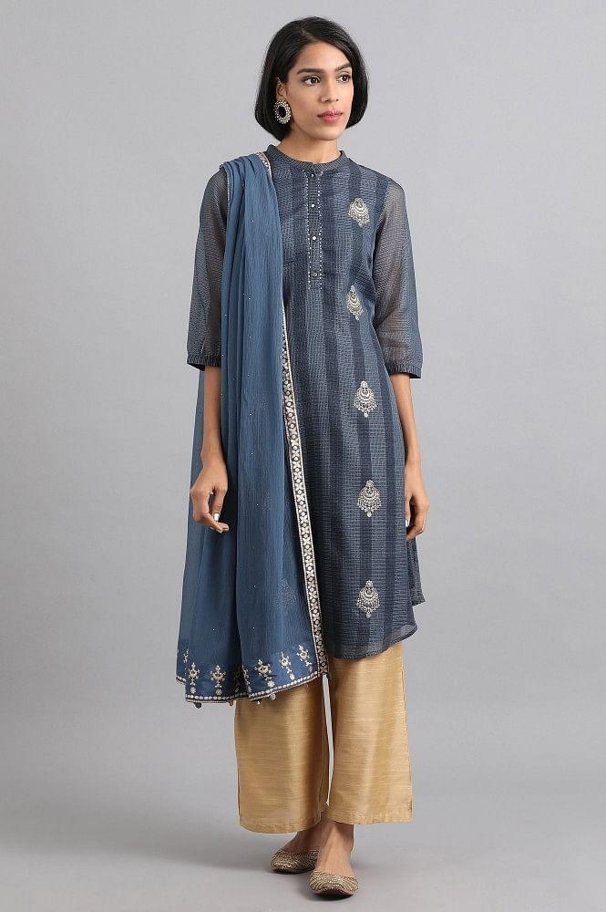 Blue Mandarin Neck Printed kurta - wforwoman