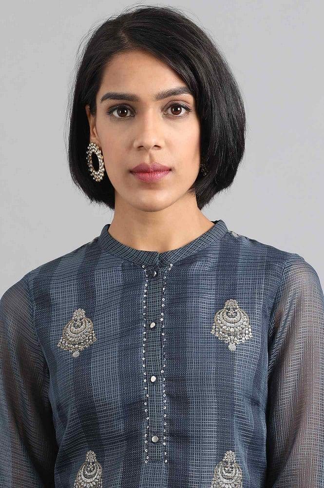 Blue Mandarin Neck Printed kurta - wforwoman