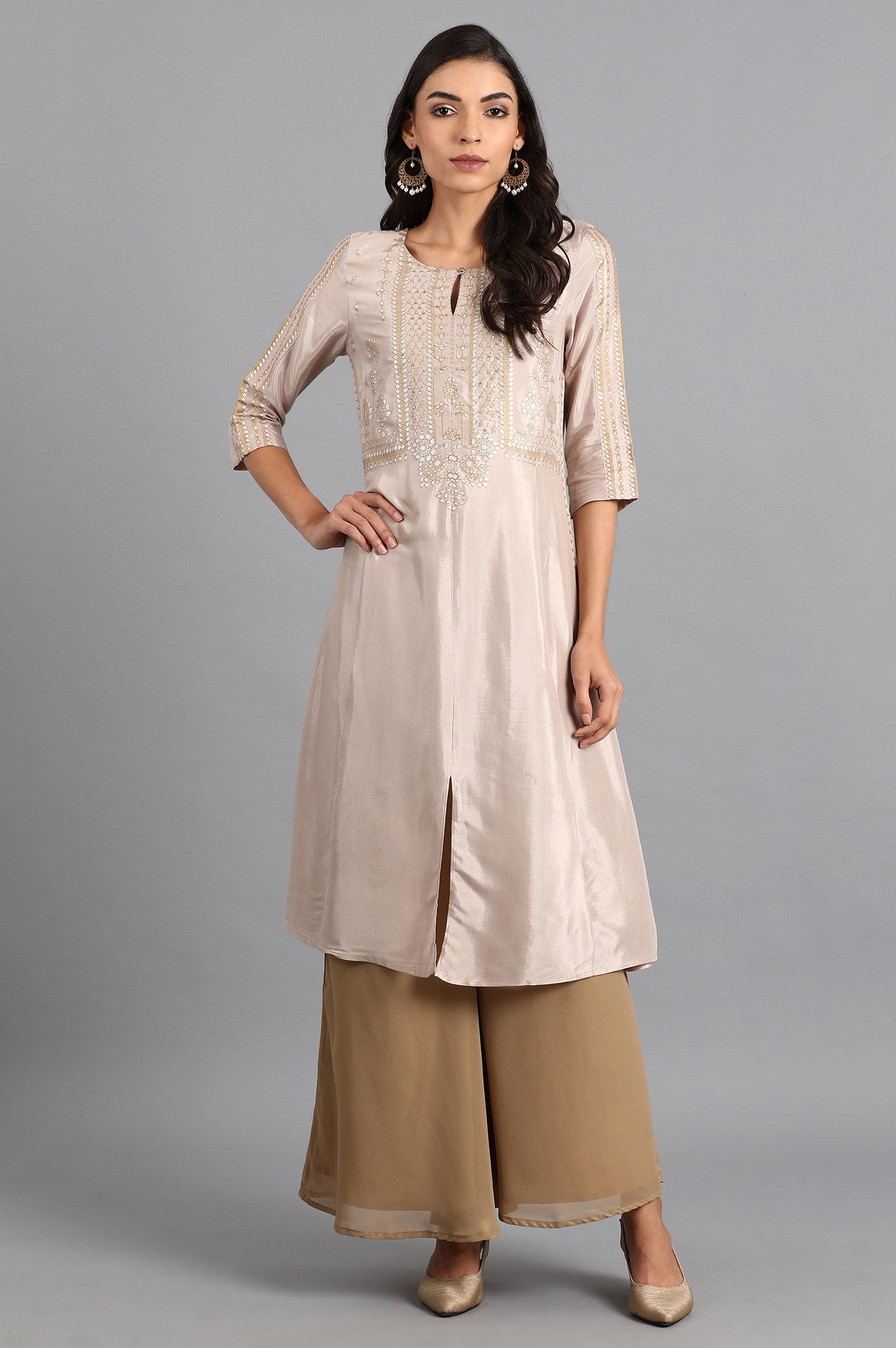 Beige Round Neck Printed kurta