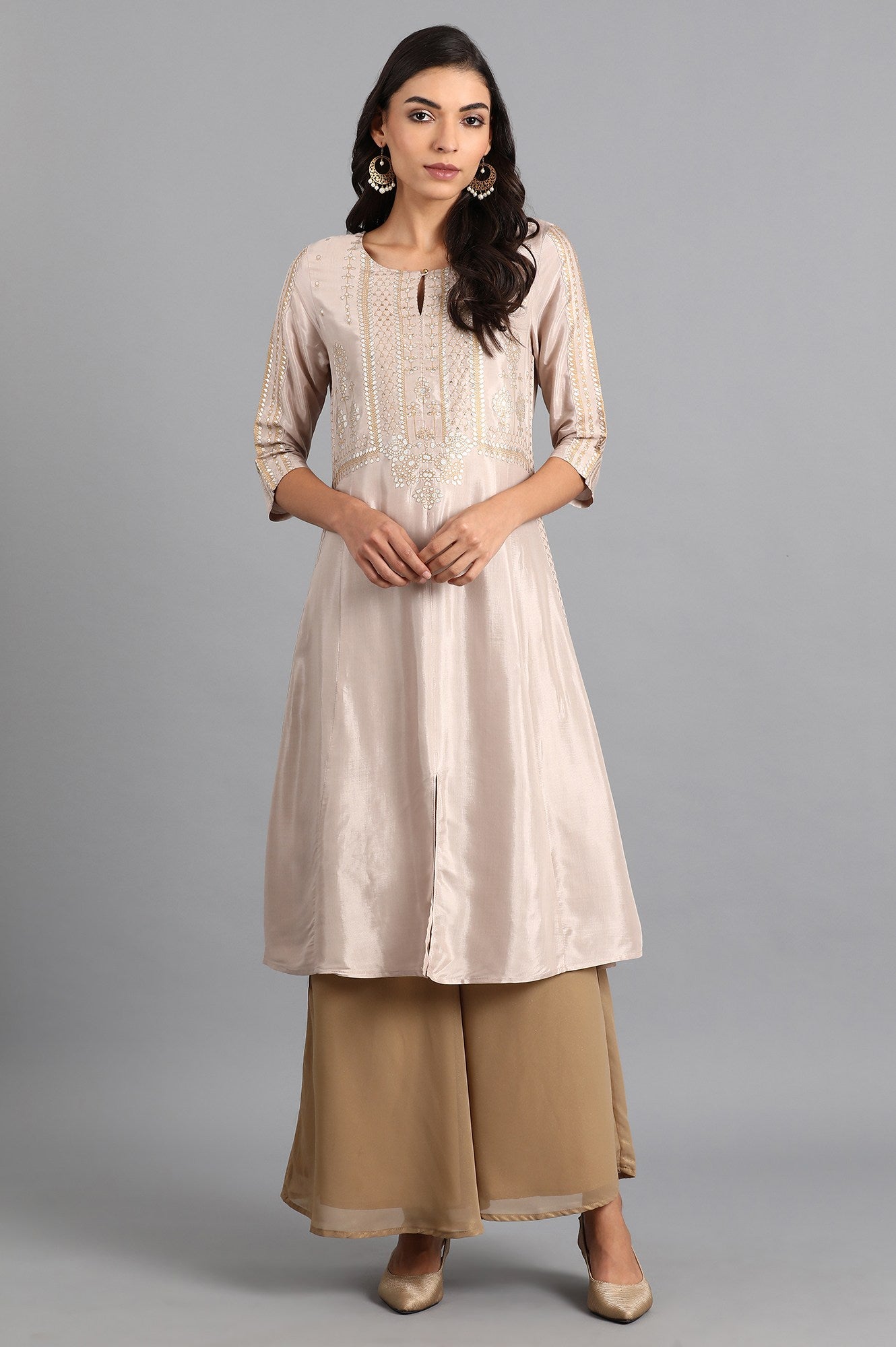 Beige Round Neck Printed kurta