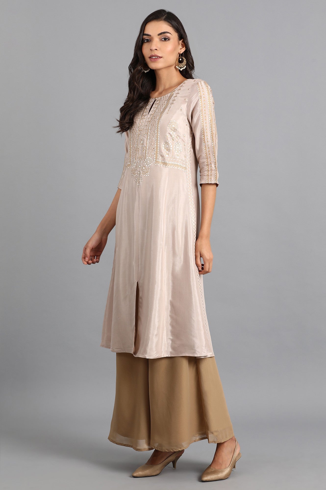 Beige Round Neck Printed kurta