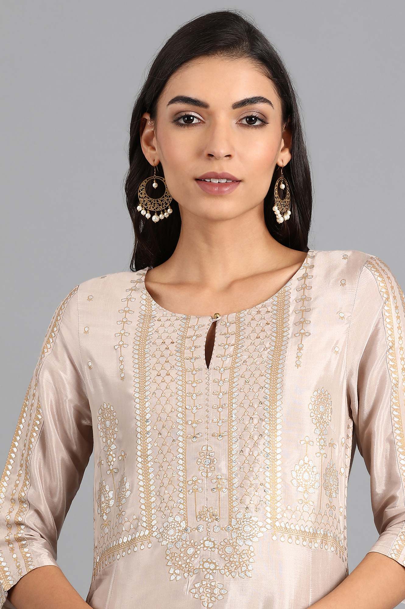 Beige Round Neck Printed kurta