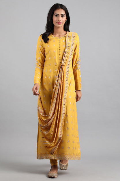 Yellow Round Neck Printed kurta