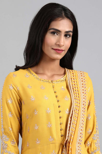 Yellow Round Neck Printed kurta