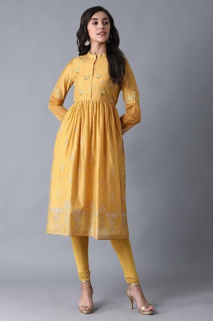 Yellow Mandarin Neck Printed kurta - wforwoman