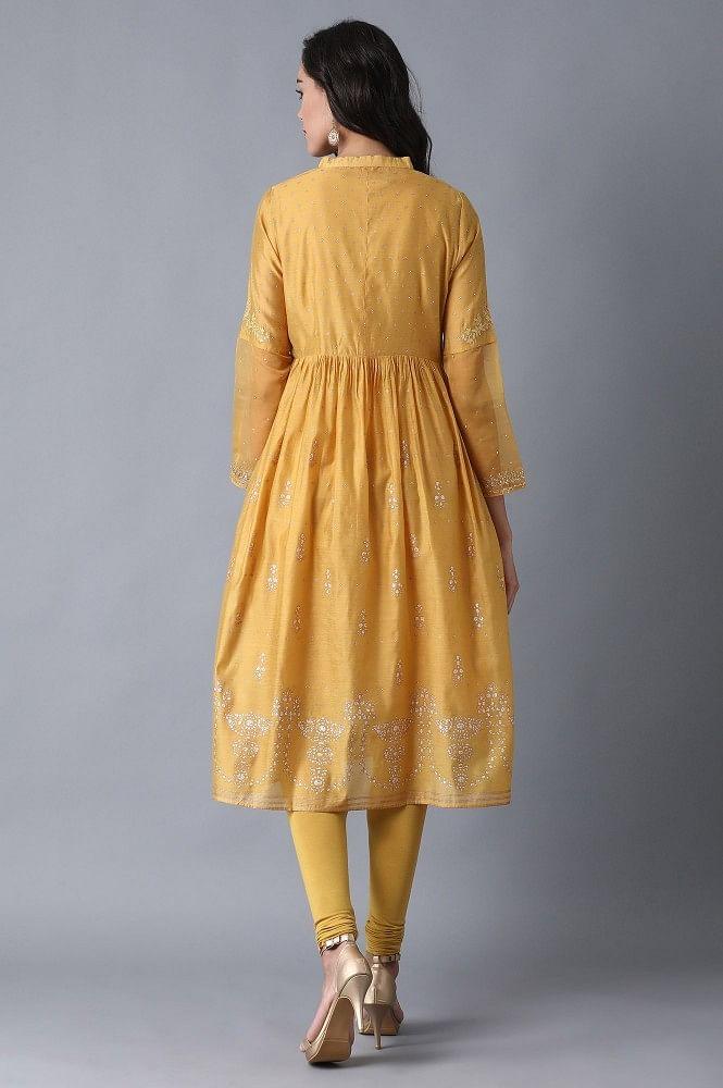 Yellow Mandarin Neck Printed kurta - wforwoman