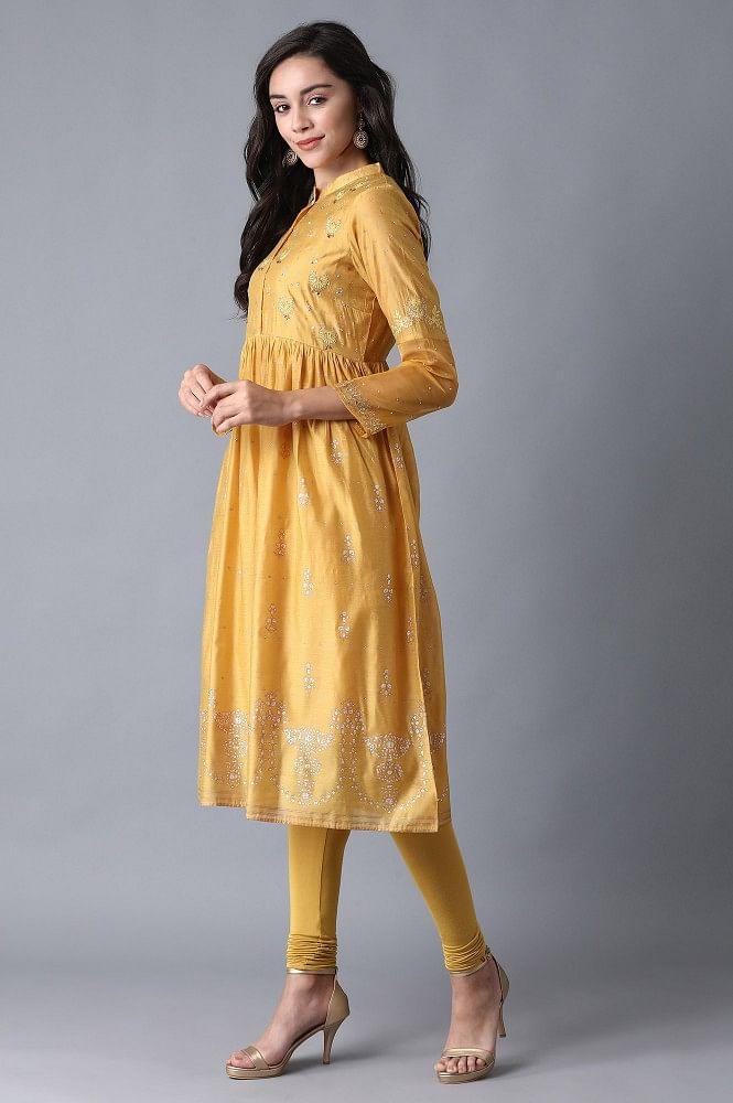 Yellow Mandarin Neck Printed kurta - wforwoman