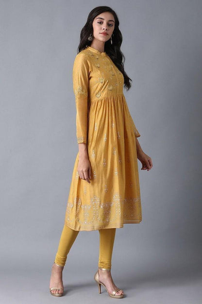 Yellow Mandarin Neck Printed kurta - wforwoman