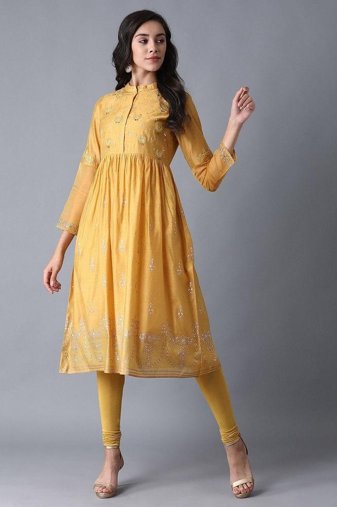 Yellow Mandarin Neck Printed kurta - wforwoman