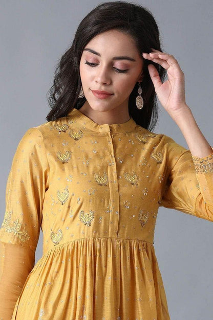 Yellow Mandarin Neck Printed kurta - wforwoman