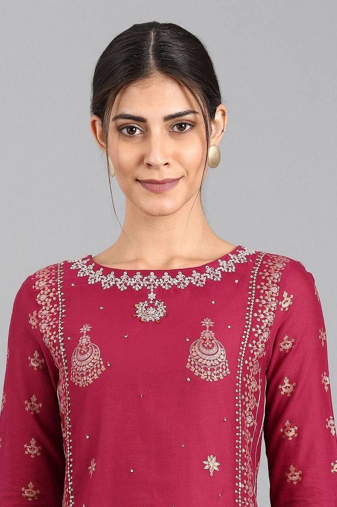 Maroon Round Neck Printed kurta - wforwoman