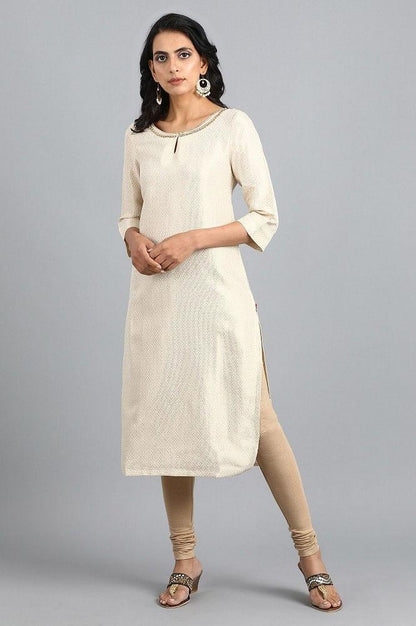 Off-White Round Neck Jacquard kurta - wforwoman