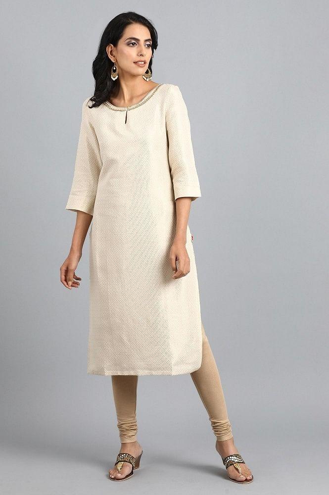 Off-White Round Neck Jacquard kurta - wforwoman