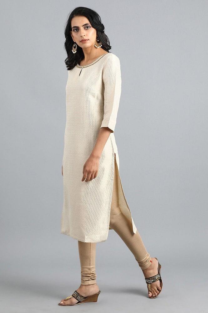 Off-White Round Neck Jacquard kurta - wforwoman