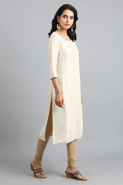 Off-White Round Neck Jacquard kurta - wforwoman