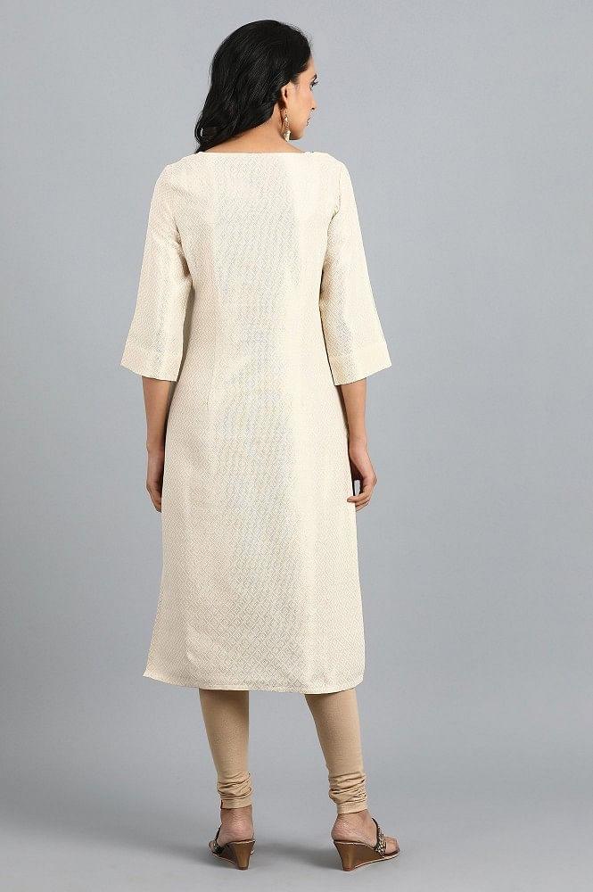 Off-White Round Neck Jacquard kurta - wforwoman