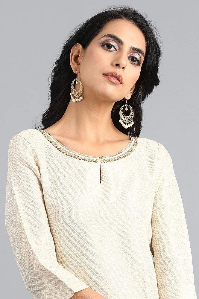 Off-White Round Neck Jacquard kurta - wforwoman