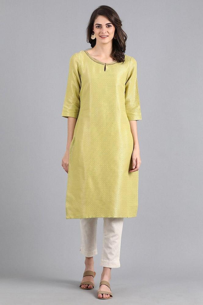 Green Round Neck Jacquard kurta - wforwoman