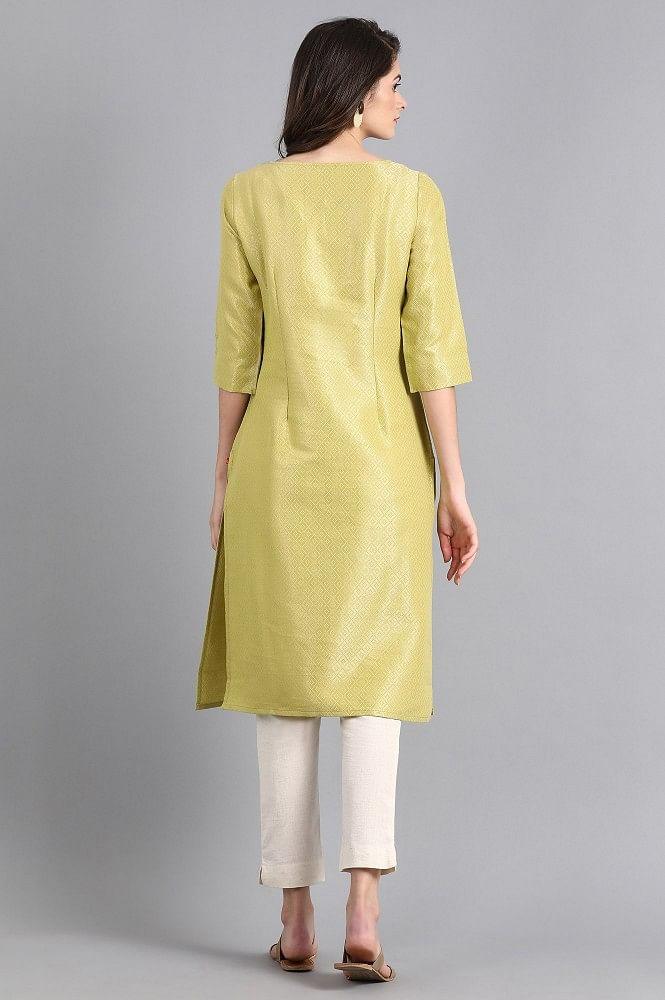 Green Round Neck Jacquard kurta - wforwoman