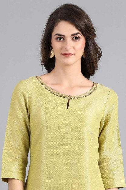 Green Round Neck Jacquard kurta - wforwoman