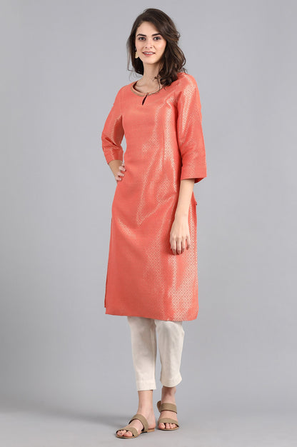 Peach Round Neck Jacquard kurta