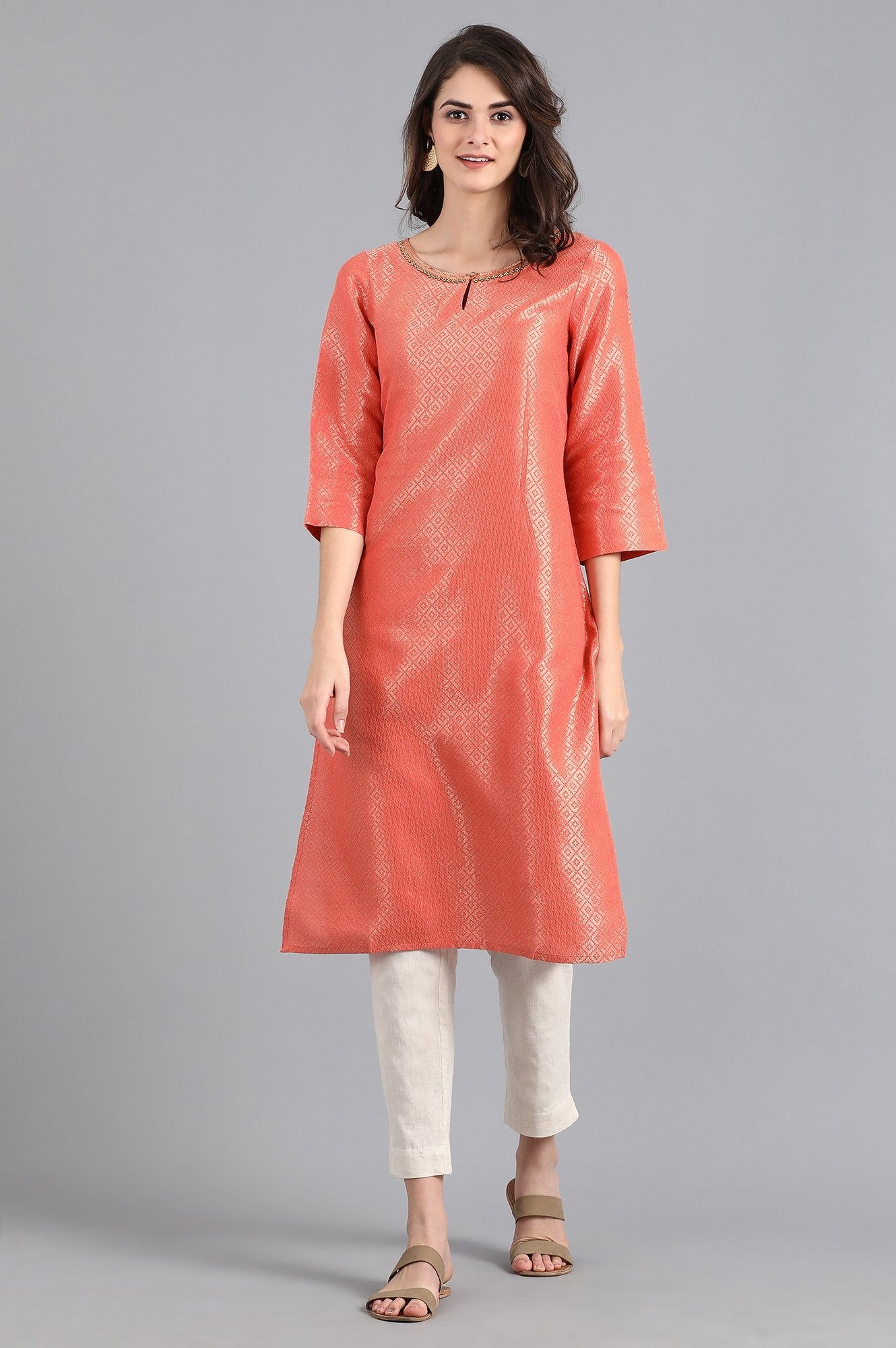 Peach Round Neck Jacquard kurta