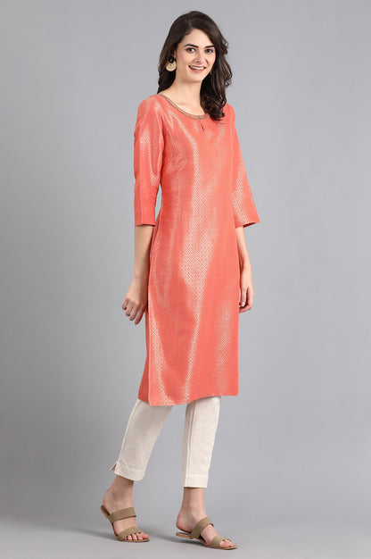 Peach Round Neck Jacquard kurta