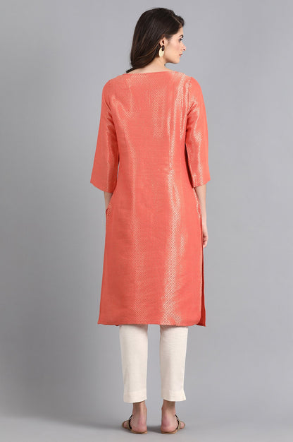 Peach Round Neck Jacquard kurta