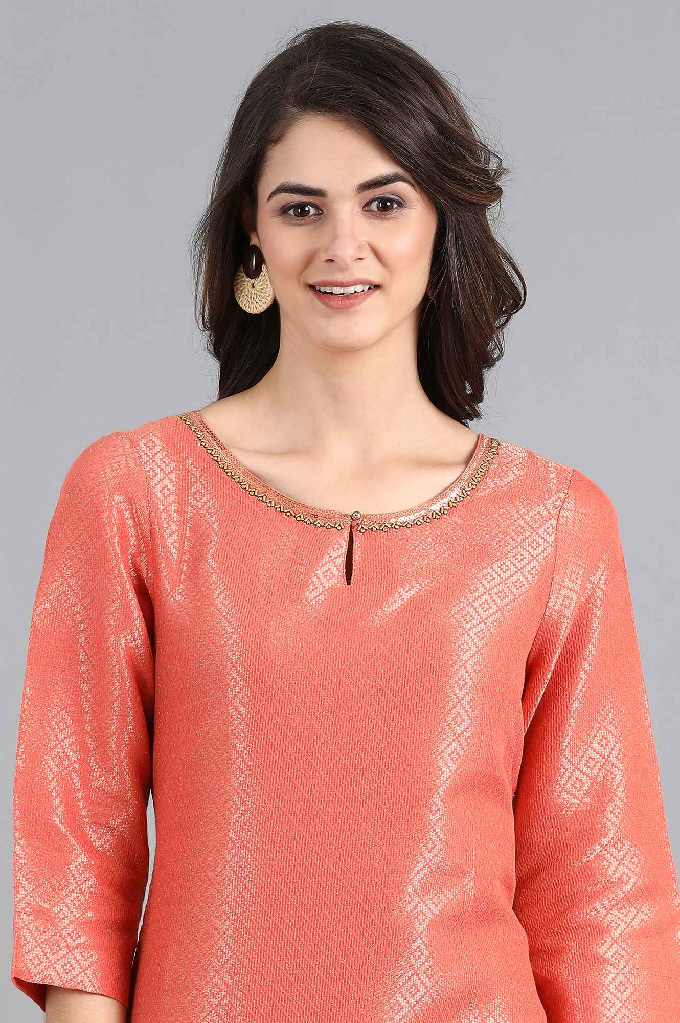 Peach Round Neck Jacquard kurta