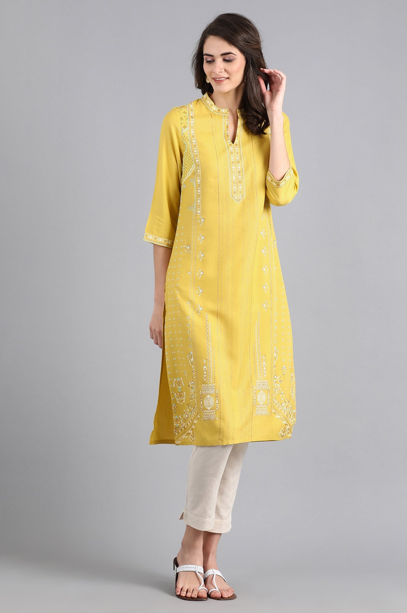 Yellow Mandarin Neck Printed kurta