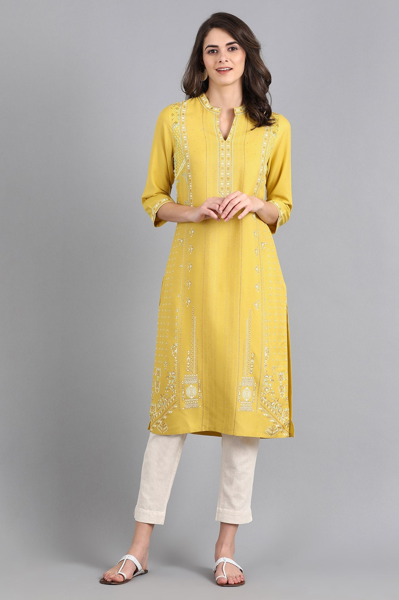 Yellow Mandarin Neck Printed kurta