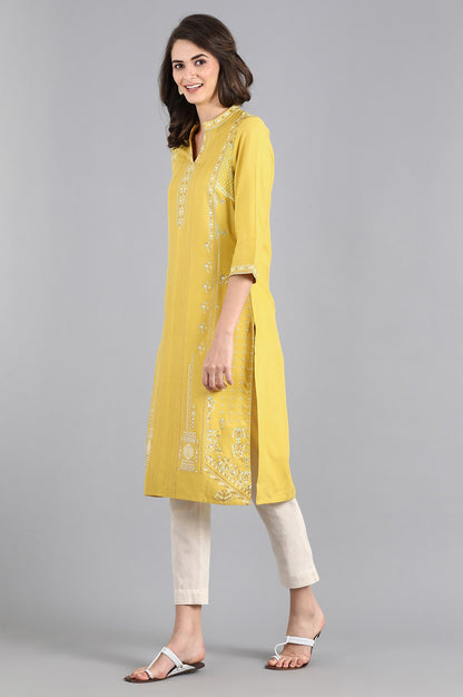 Yellow Mandarin Neck Printed kurta