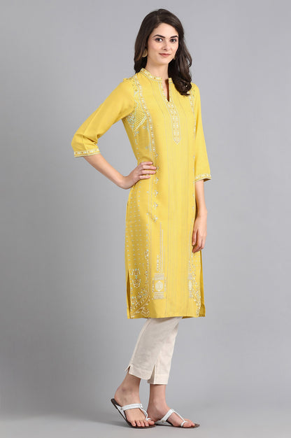 Yellow Mandarin Neck Printed kurta