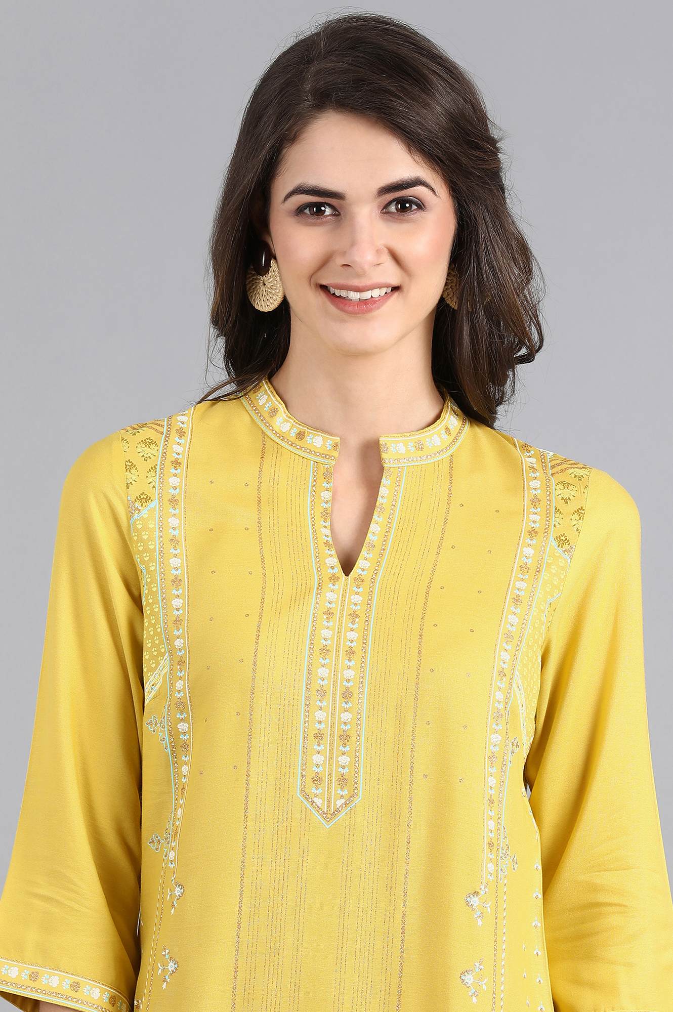 Yellow Mandarin Neck Printed kurta