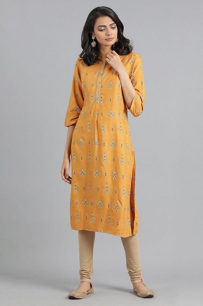 Yellow Mandarin Neck Printed kurta - wforwoman