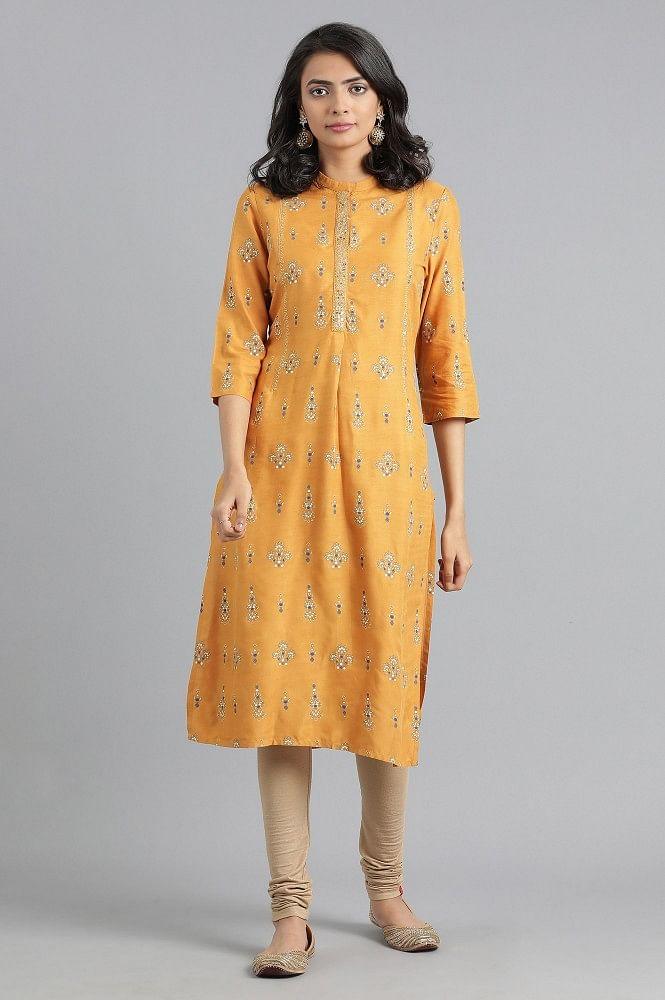 Yellow Mandarin Neck Printed kurta - wforwoman