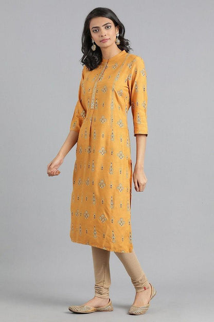 Yellow Mandarin Neck Printed kurta - wforwoman