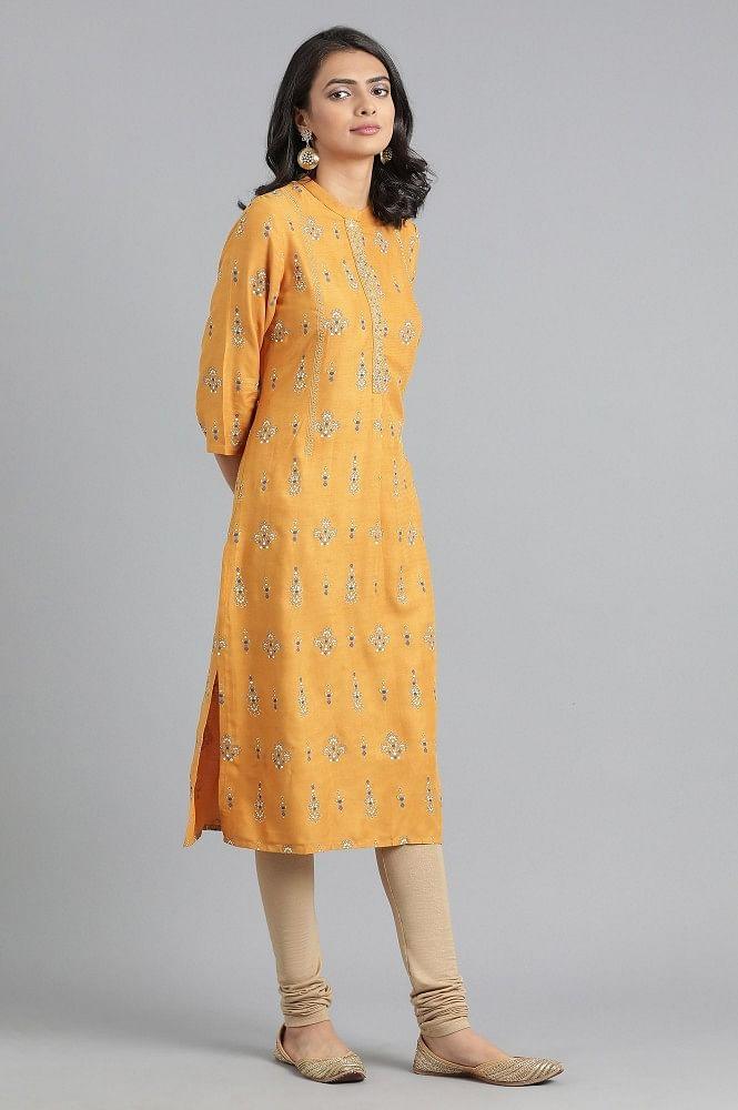 Yellow Mandarin Neck Printed kurta - wforwoman