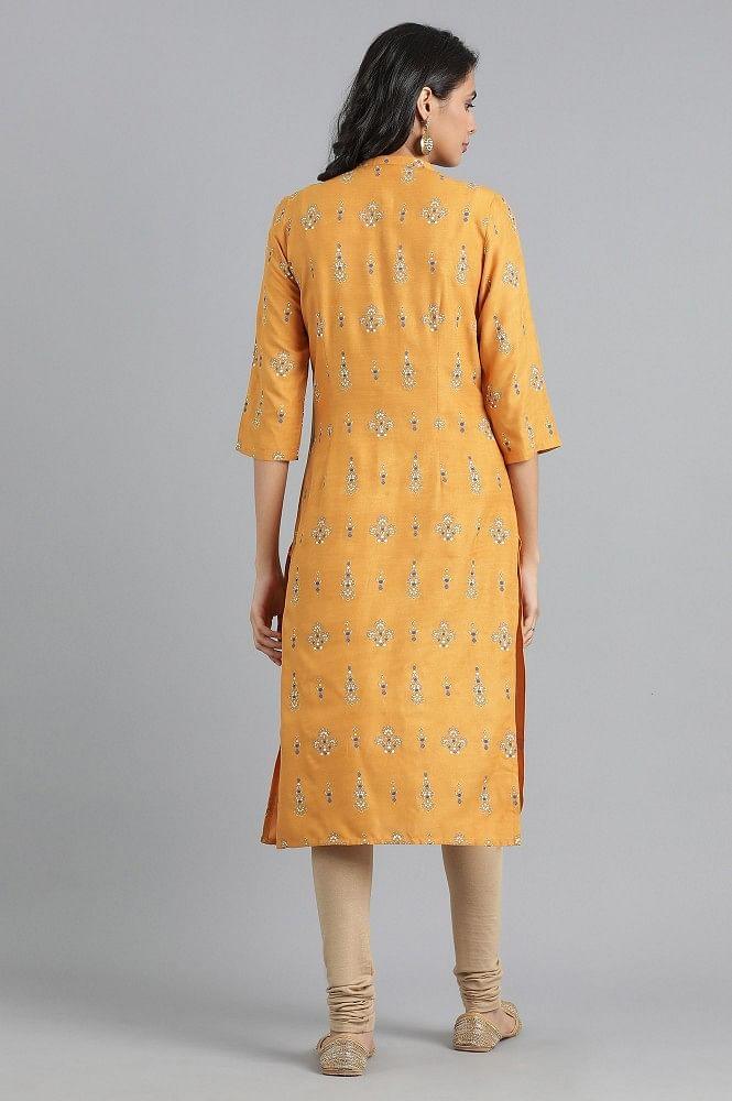 Yellow Mandarin Neck Printed kurta - wforwoman